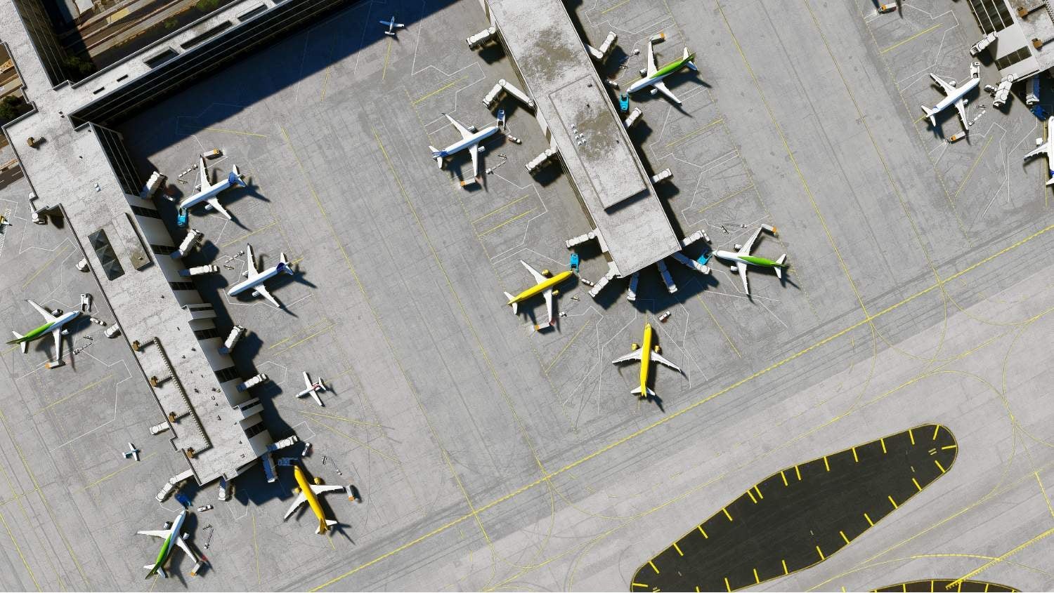 Overhead image of an airport tarmac