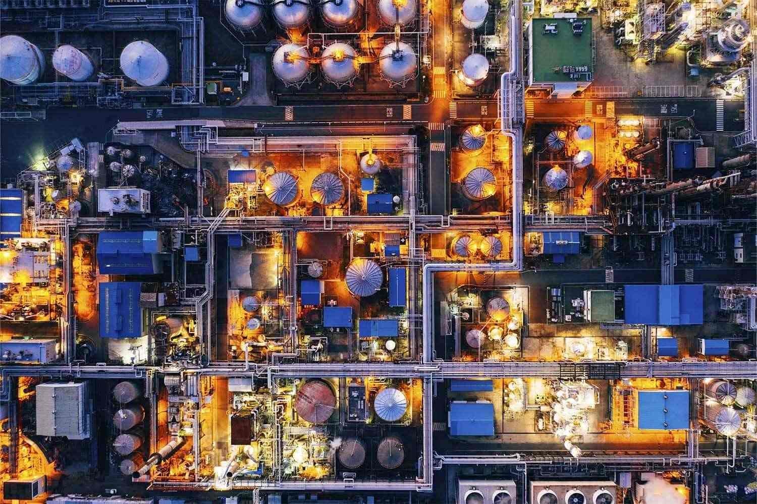 Overhead view of a production plant at night