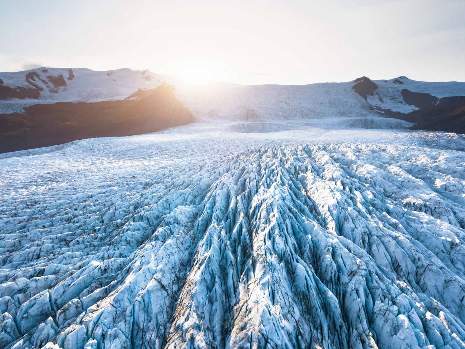 Wide-frame view of icy mountains