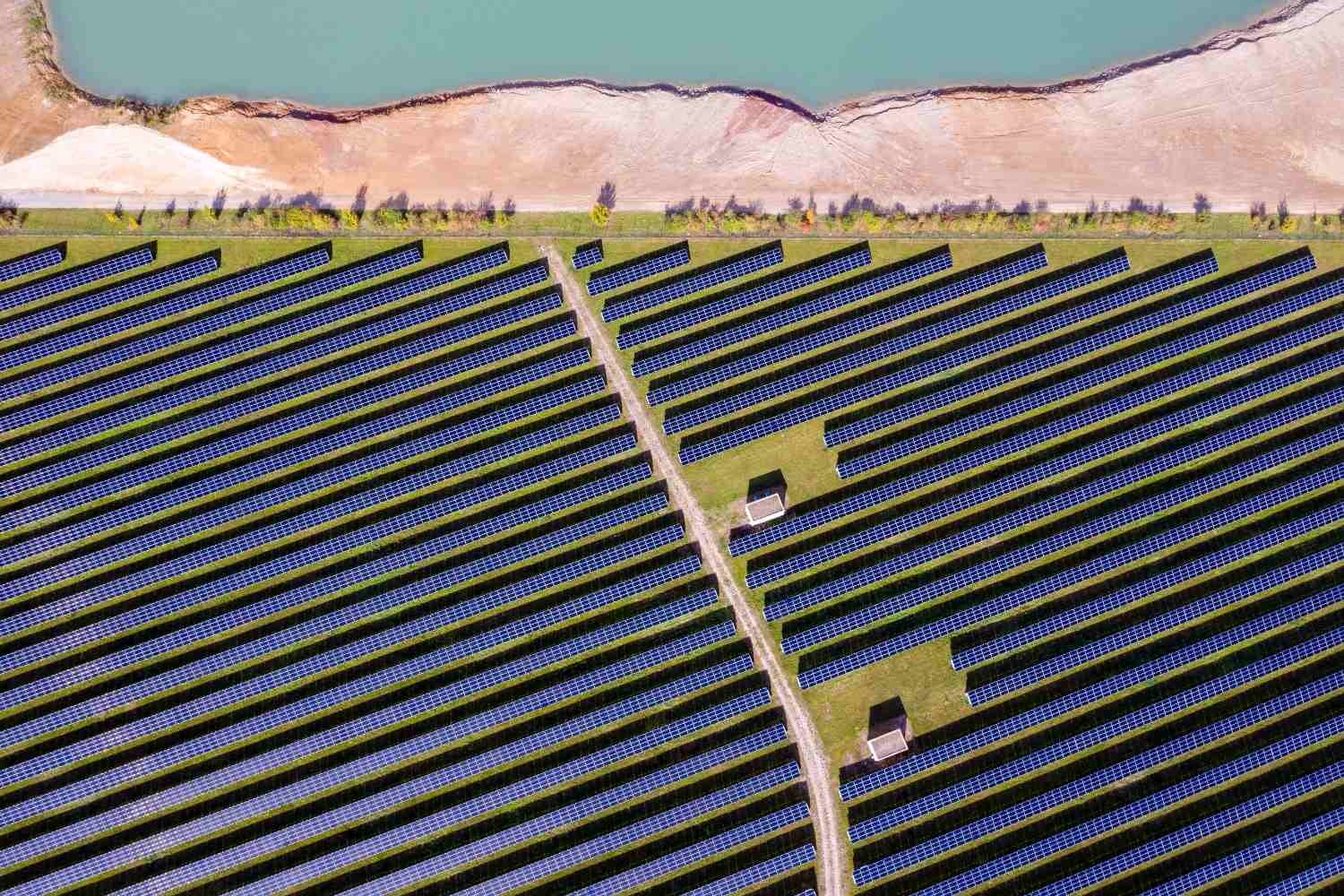 Overhead image of a solar panel farm