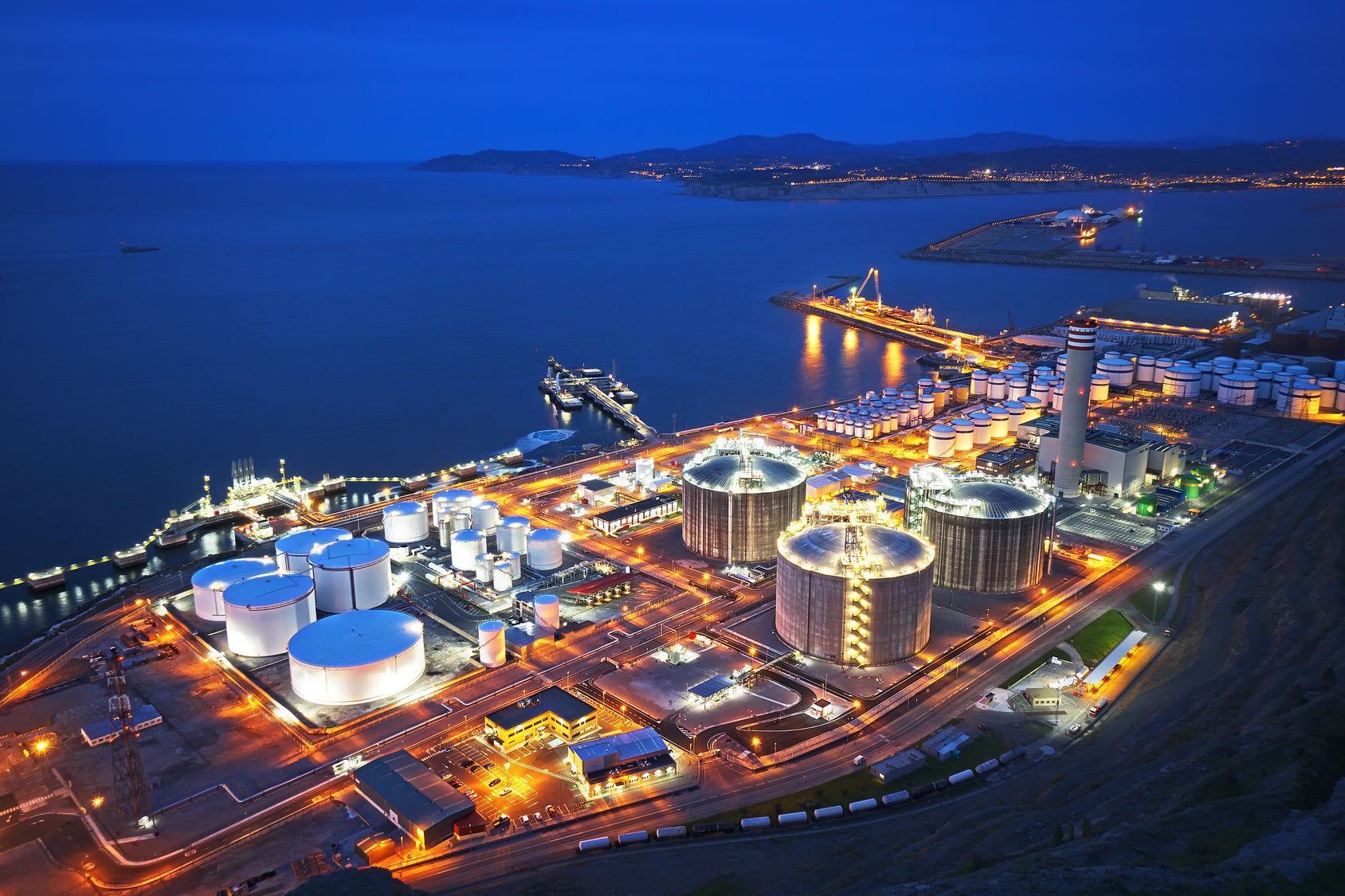 Overhead view of a factory at night