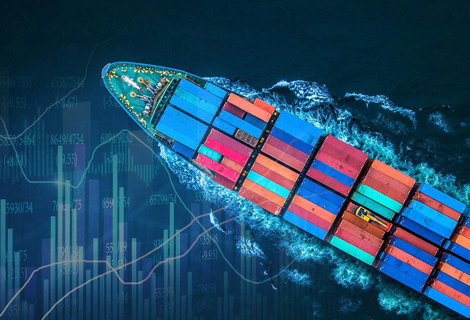 Overhead shot of a cargo ship with abstract data representations superimposed