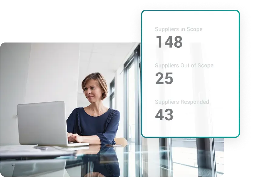 Supplier success program metrics overlayed on a picture of a compliance manager.