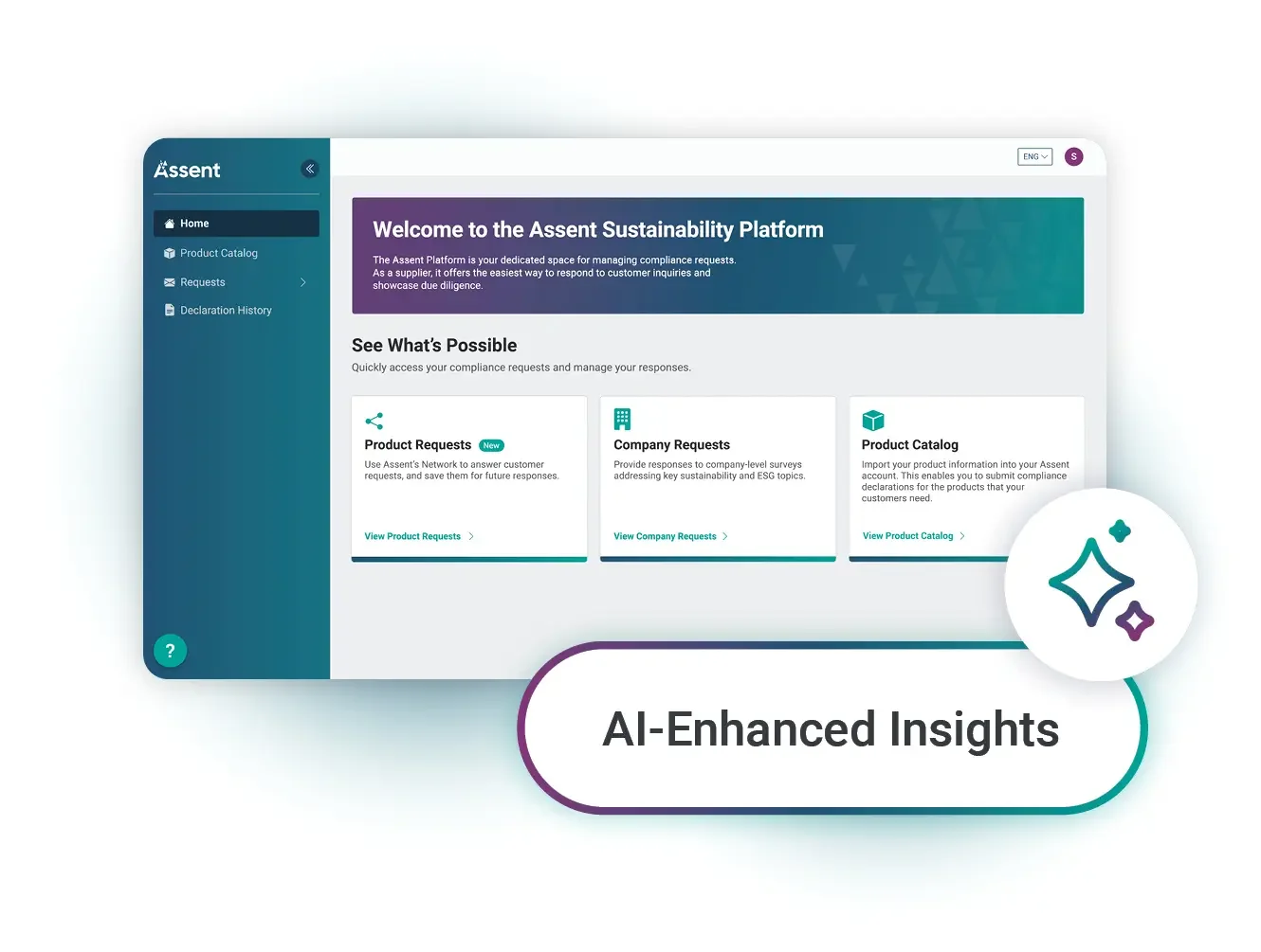A product screenshot of the Assent Sustainability Platform with AI.