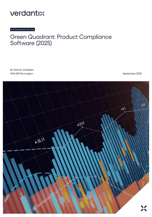 Cover of the Verdantix Green Quadrant report 2025 for product compliance software.