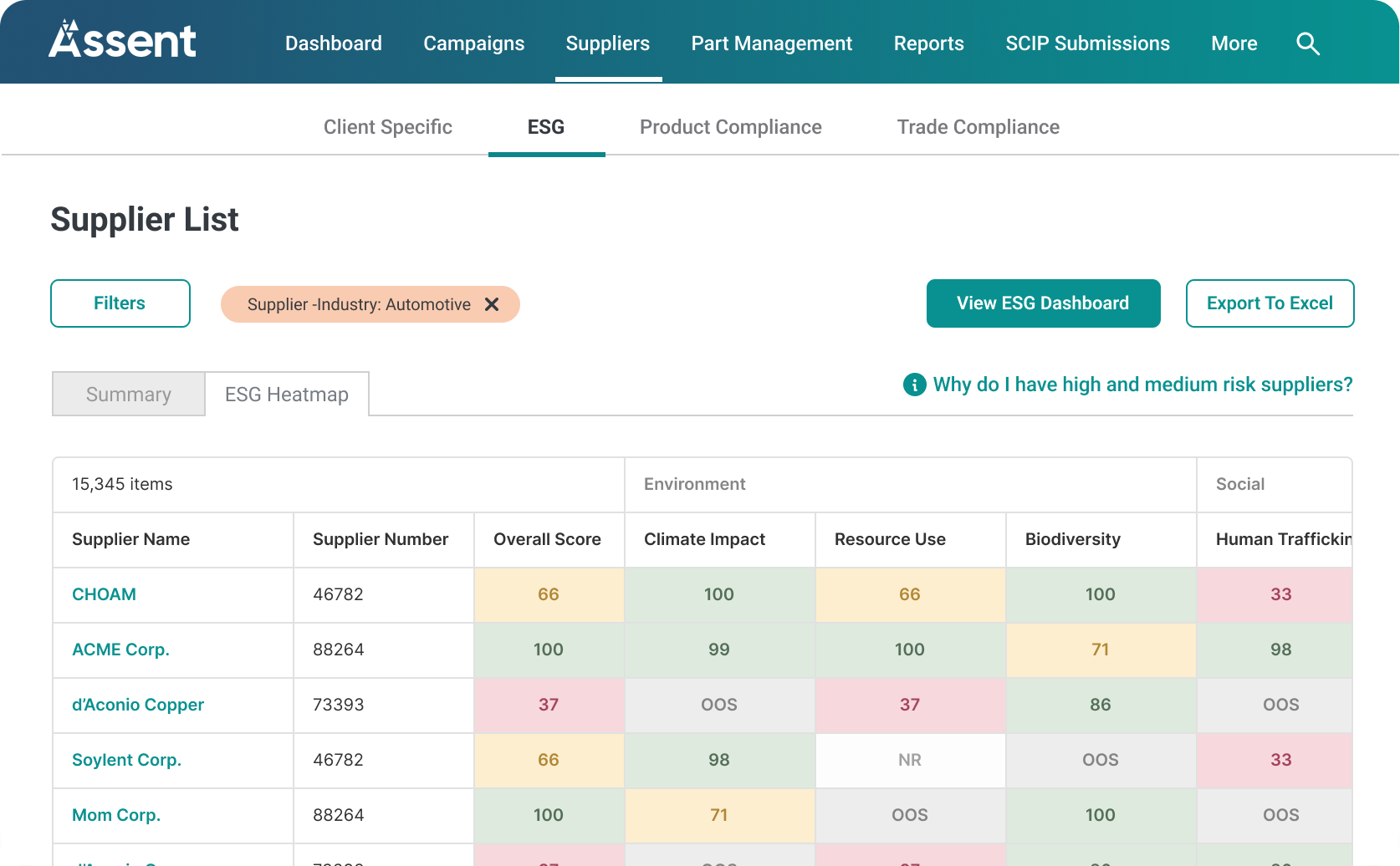 A screenshot of the Assent Sustainability Platform's reporting capabilities.