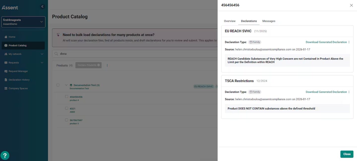 A screenshot of Assent's product family feature. 