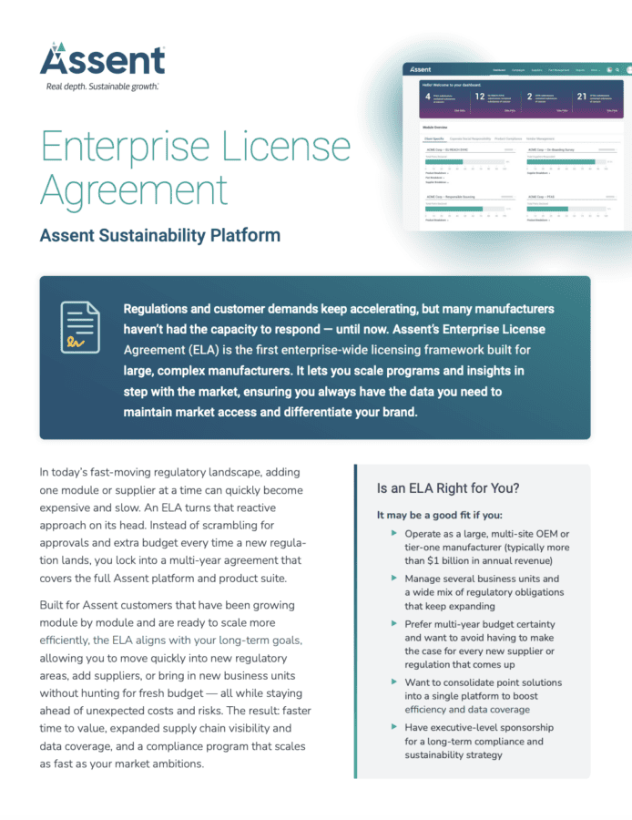 Cover image of Assent's Enterprise License Agreement (ELA) overview.